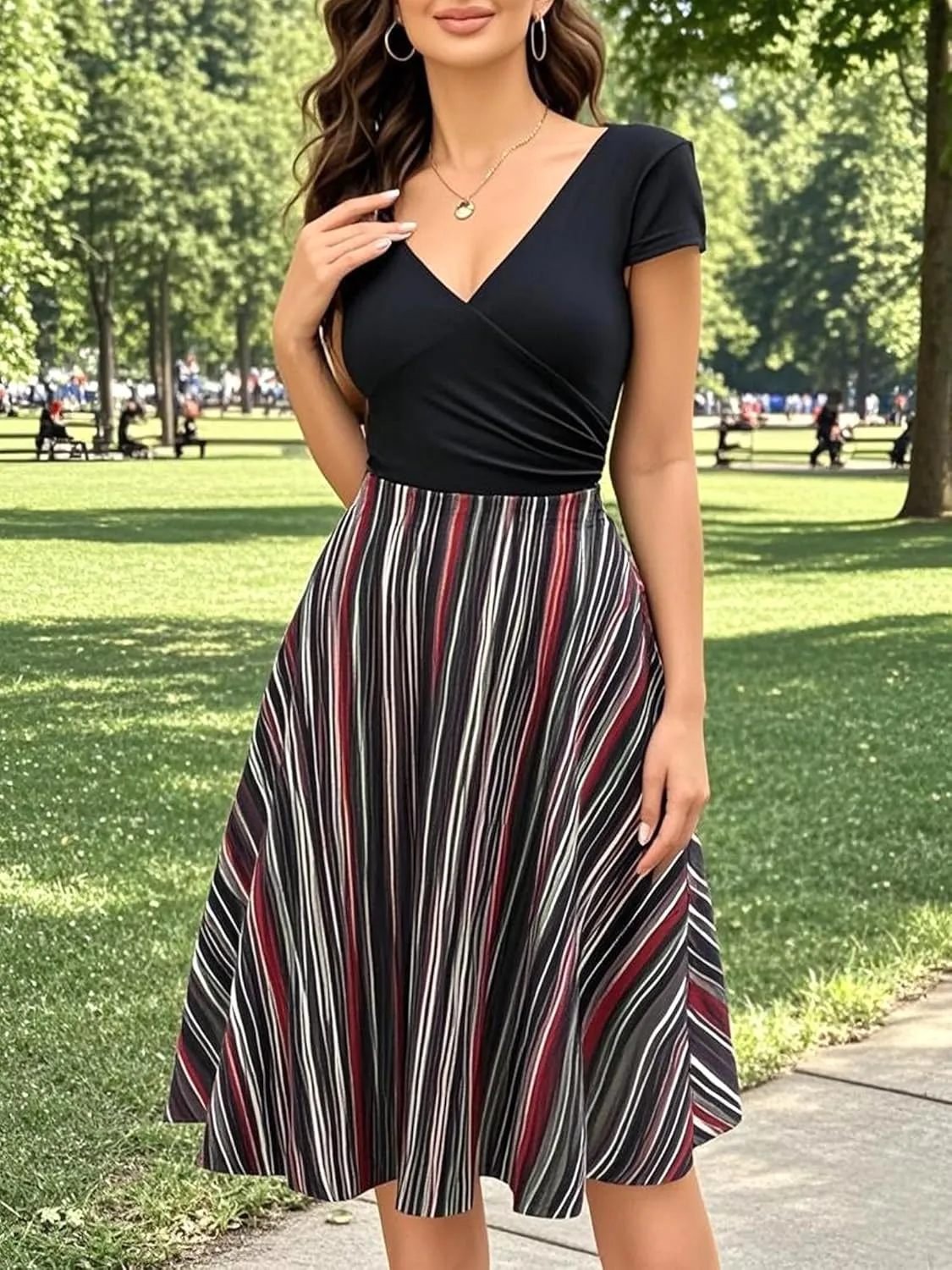 oxiuly Women's Casual Dresses Criss-Cross V-Neck Floral Flare Midi Summer Dress OX233