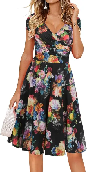 oxiuly Women's Casual Dresses Criss-Cross V-Neck Floral Flare Midi Summer Dress OX233