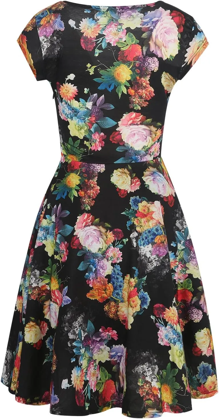 oxiuly Women's Casual Dresses Criss-Cross V-Neck Floral Flare Midi Summer Dress OX233