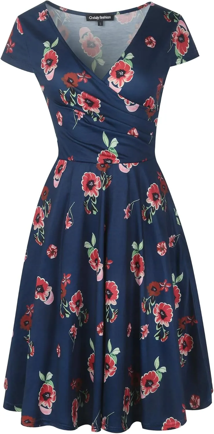 oxiuly Women's Casual Dresses Criss-Cross V-Neck Floral Flare Midi Summer Dress OX233
