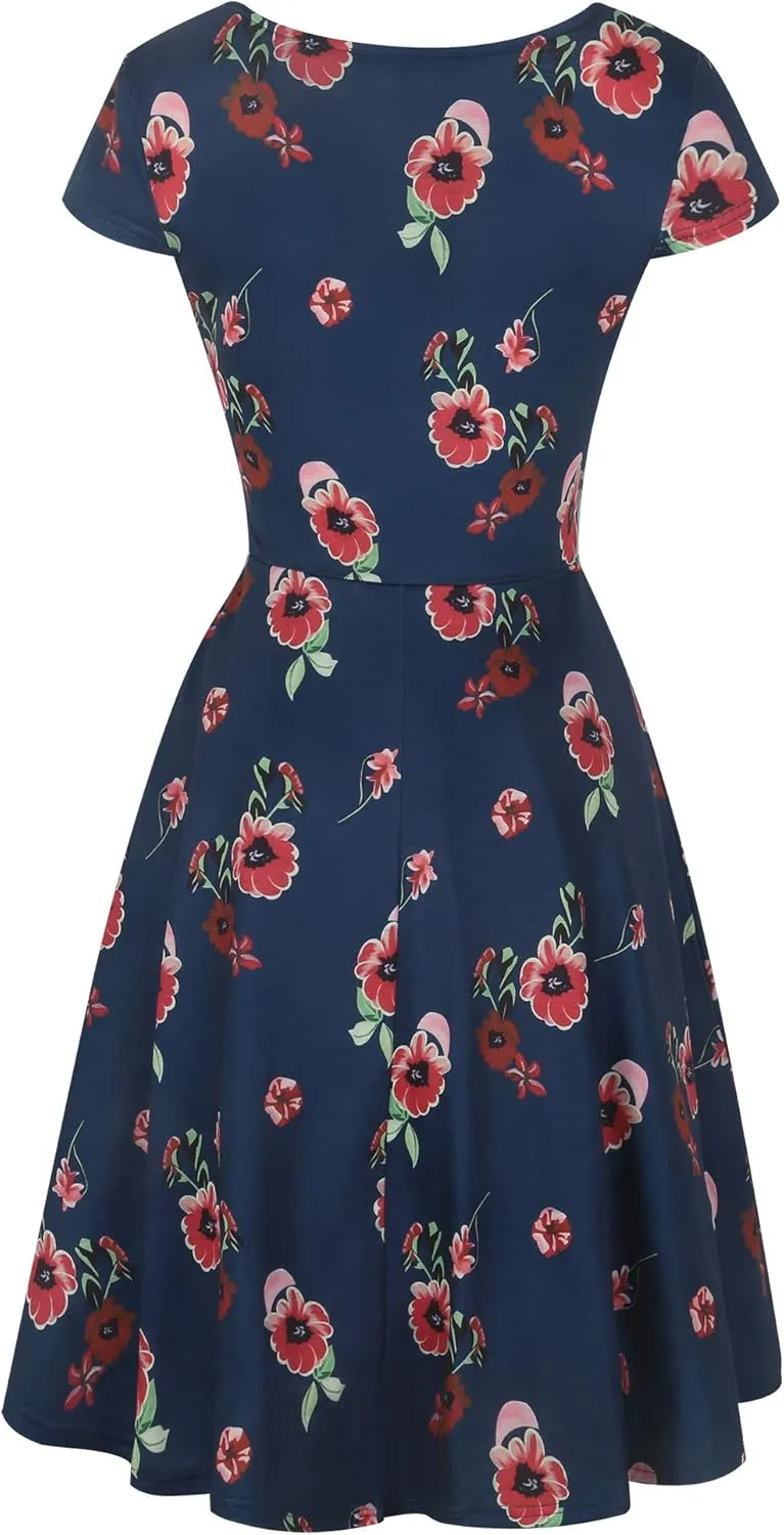 oxiuly Women's Casual Dresses Criss-Cross V-Neck Floral Flare Midi Summer Dress OX233