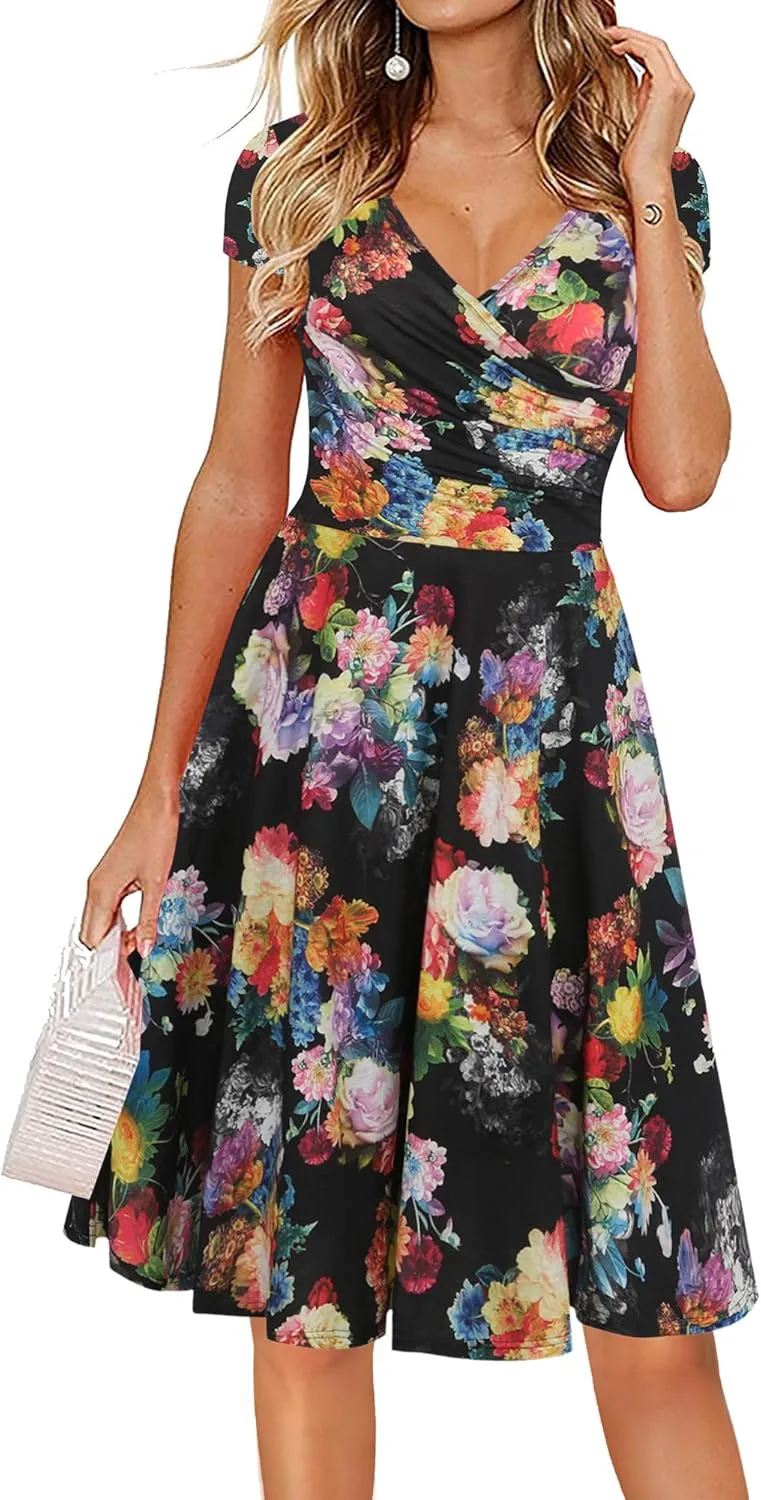 oxiuly Women's Casual Dresses Criss-Cross V-Neck Floral Flare Midi Summer Dress OX233