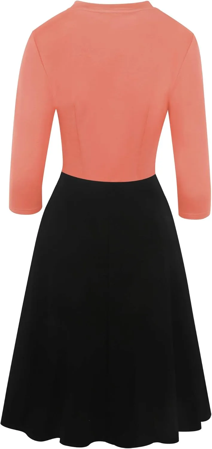 oxiuly Women's Vintage Bow Tie V-Neck Pockets Casual Work Party Cocktail Swing A-line Dresses OX278