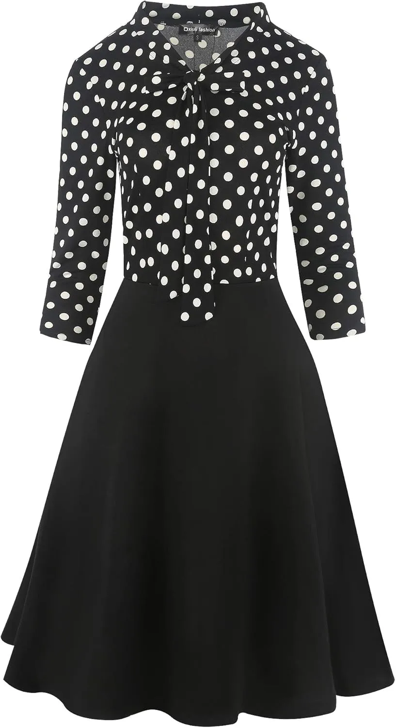 oxiuly Women's Vintage Bow Tie V-Neck Pockets Casual Work Party Cocktail Swing A-line Dresses OX278