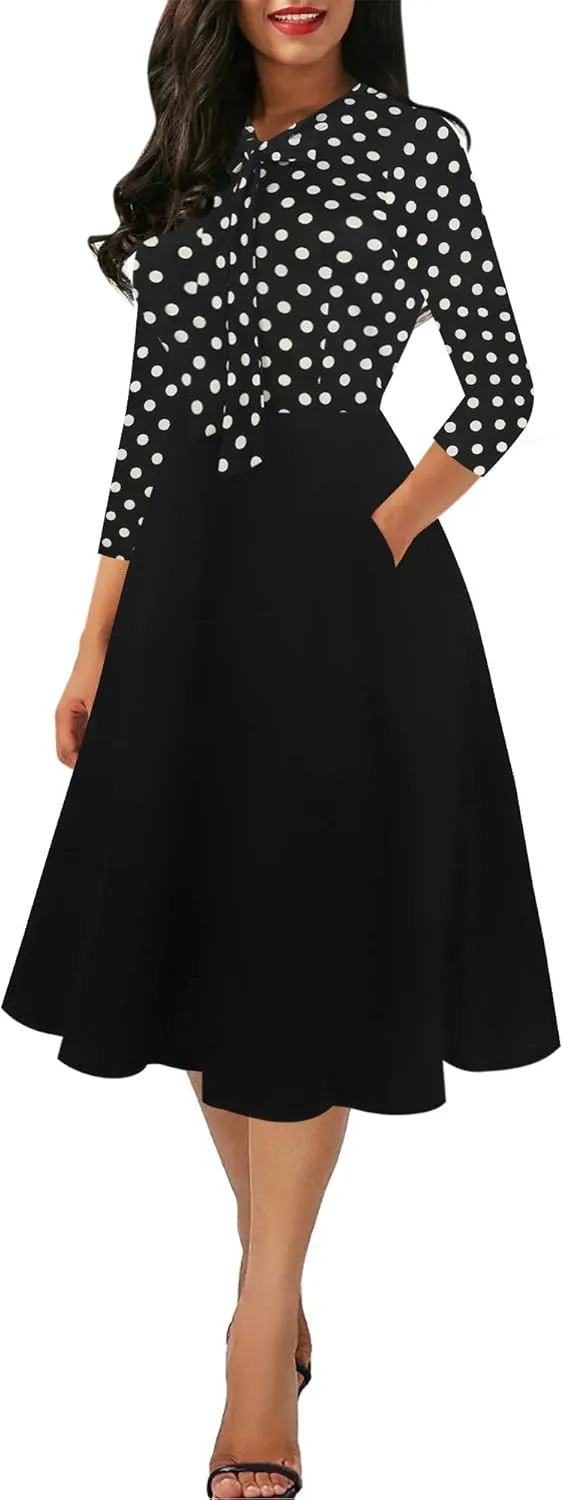 oxiuly Women's Vintage Bow Tie V-Neck Pockets Casual Work Party Cocktail Swing A-line Dresses OX278