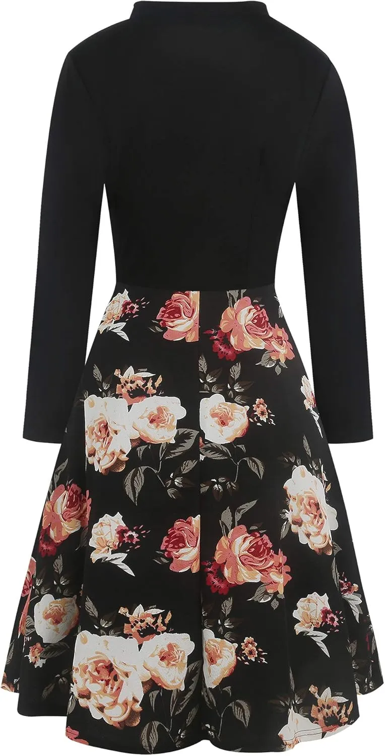 oxiuly Women's Vintage Bow Tie V-Neck Pockets Casual Work Party Cocktail Swing A-line Dresses OX278