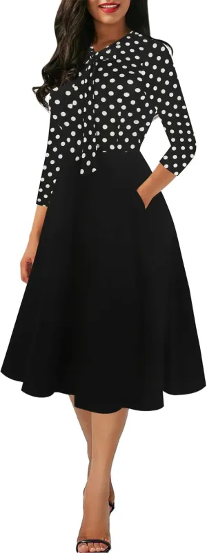 oxiuly Women's Vintage Bow Tie V-Neck Pockets Casual Work Party Cocktail Swing A-line Dresses OX278