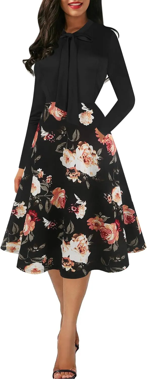 oxiuly Women's Vintage Bow Tie V-Neck Pockets Casual Work Party Cocktail Swing A-line Dresses OX278