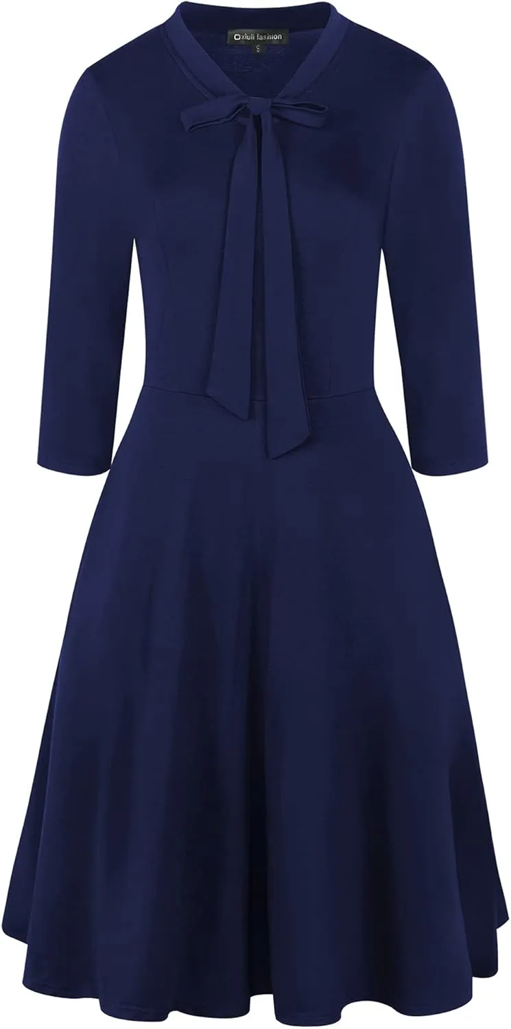 oxiuly Women's Vintage Bow Tie V-Neck Pockets Casual Work Party Cocktail Swing A-line Dresses OX278