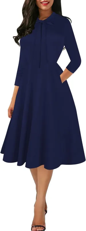 oxiuly Women's Vintage Bow Tie V-Neck Pockets Casual Work Party Cocktail Swing A-line Dresses OX278