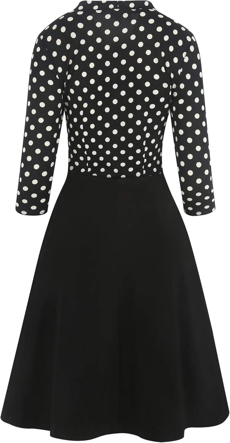 oxiuly Women's Vintage Bow Tie V-Neck Pockets Casual Work Party Cocktail Swing A-line Dresses OX278