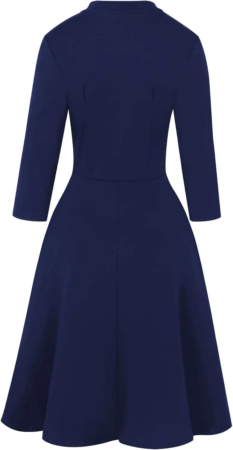 oxiuly Women's Vintage Bow Tie V-Neck Pockets Casual Work Party Cocktail Swing A-line Dresses OX278