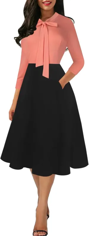 oxiuly Women's Vintage Bow Tie V-Neck Pockets Casual Work Party Cocktail Swing A-line Dresses OX278