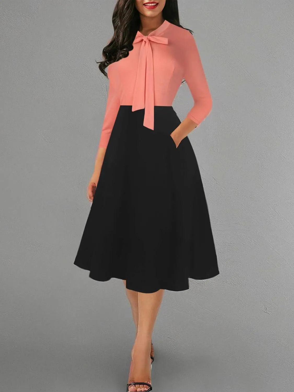 oxiuly Women's Vintage Bow Tie V-Neck Pockets Casual Work Party Cocktail Swing A-line Dresses OX278