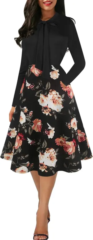 oxiuly Women's Vintage Bow Tie V-Neck Pockets Casual Work Party Cocktail Swing A-line Dresses OX278