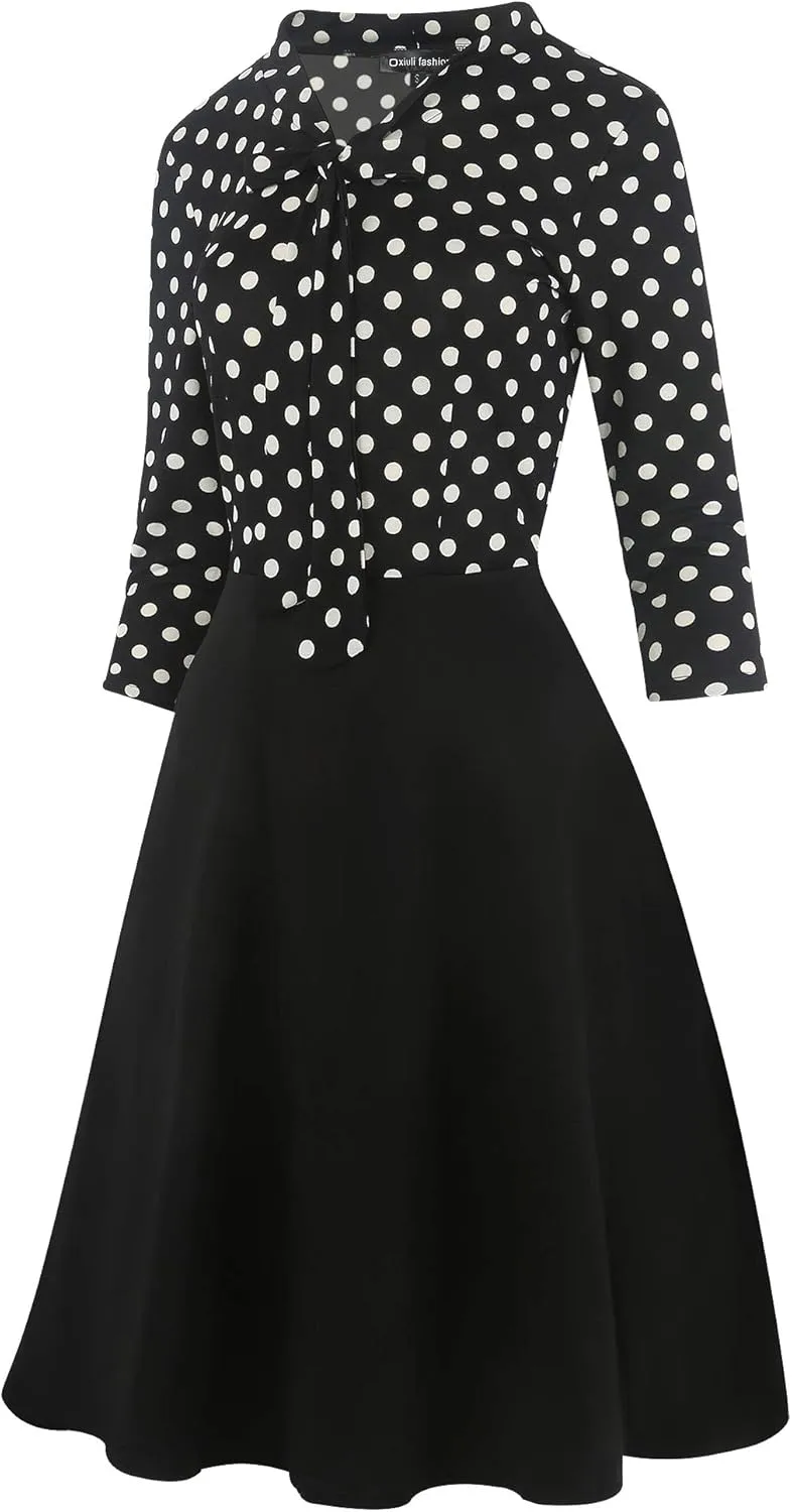 oxiuly Women's Vintage Bow Tie V-Neck Pockets Casual Work Party Cocktail Swing A-line Dresses OX278