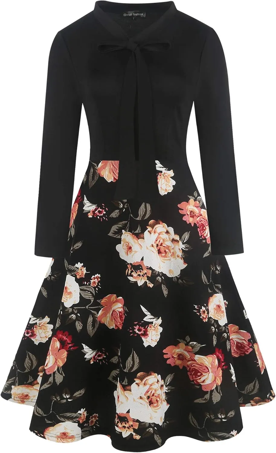oxiuly Women's Vintage Bow Tie V-Neck Pockets Casual Work Party Cocktail Swing A-line Dresses OX278