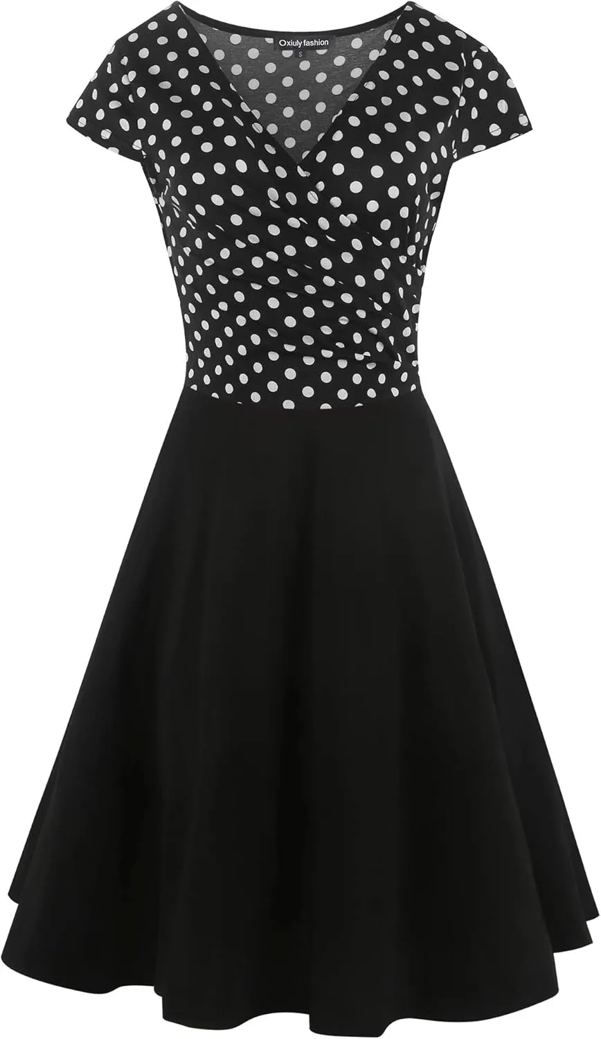 oxiuly Women's Vintage Dot V-Neck Cap Sleeve Casual Pockets Swing Tea Dress OX296