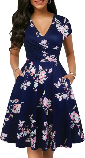 oxiuly Women's Vintage Dot V-Neck Cap Sleeve Casual Pockets Swing Tea Dress OX296
