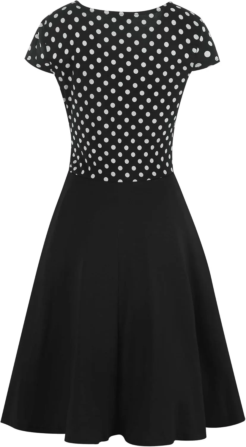 oxiuly Women's Vintage Dot V-Neck Cap Sleeve Casual Pockets Swing Tea Dress OX296