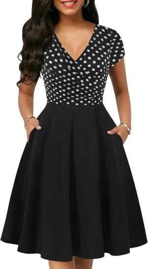oxiuly Women's Vintage Dot V-Neck Cap Sleeve Casual Pockets Swing Tea Dress OX296