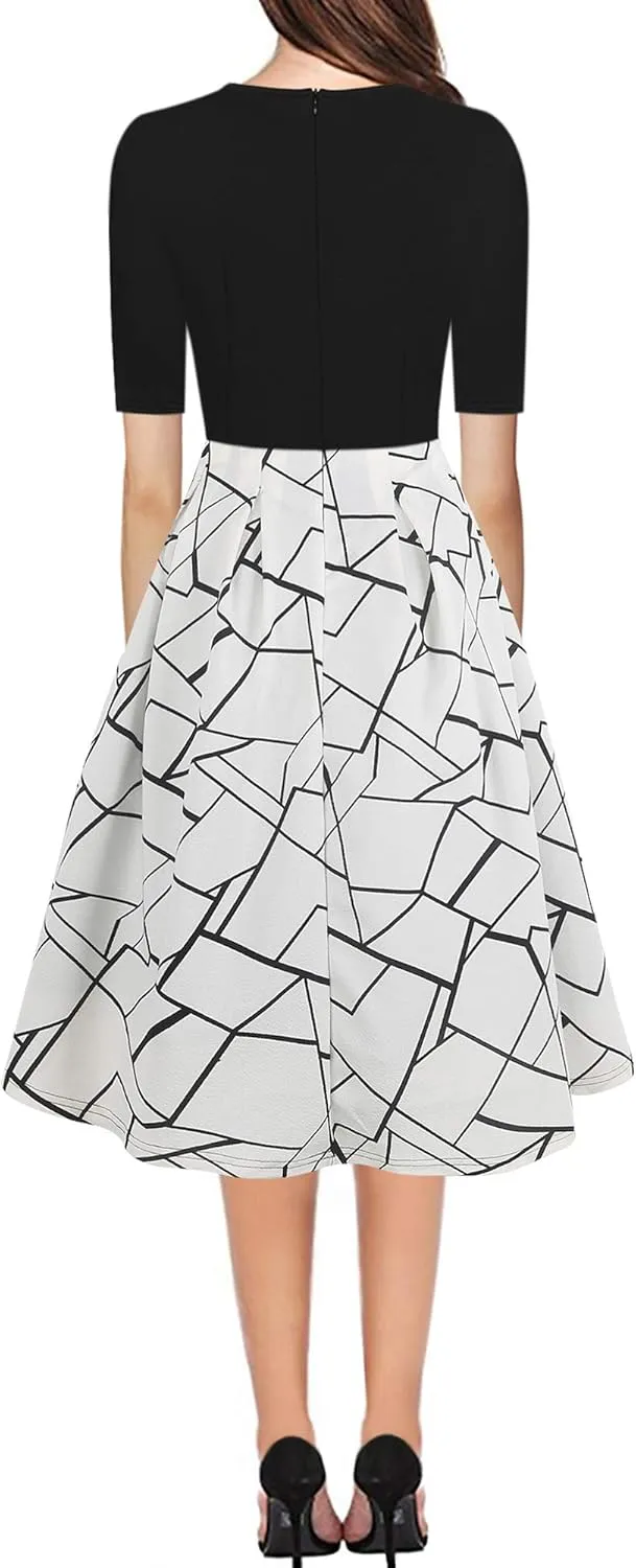 oxiuly Women's Vintage Patchwork Pockets Puffy Swing Casual Party Dress OX165