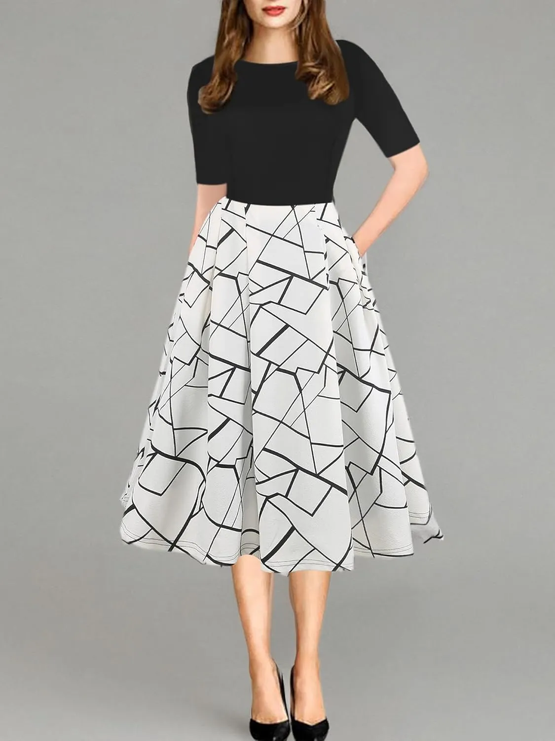oxiuly Women's Vintage Patchwork Pockets Puffy Swing Casual Party Dress OX165