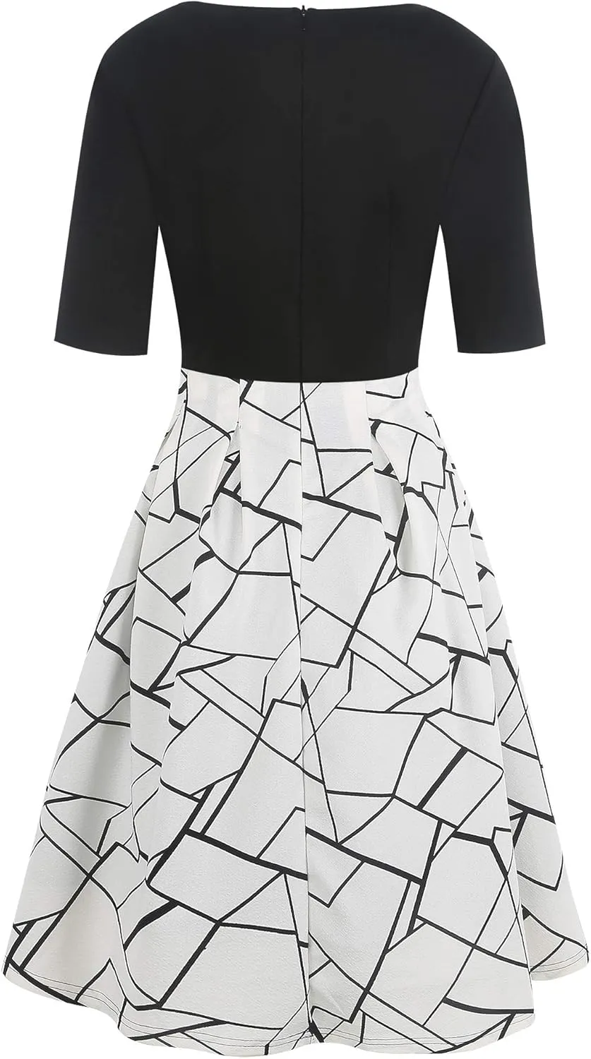 oxiuly Women's Vintage Patchwork Pockets Puffy Swing Casual Party Dress OX165