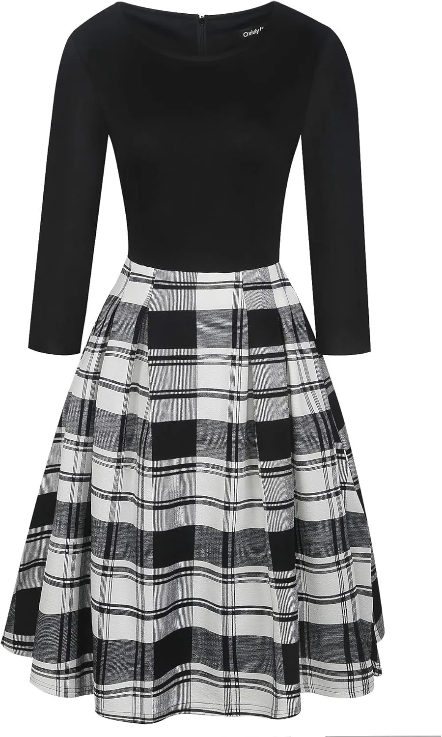 oxiuly Women's Vintage Patchwork Pockets Puffy Swing Casual Party Dress OX165