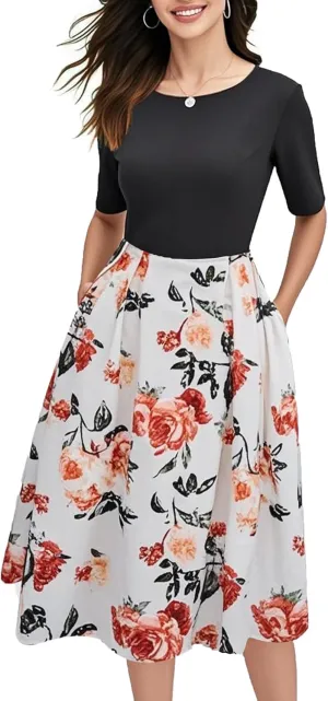 oxiuly Women's Vintage Patchwork Pockets Puffy Swing Casual Party Dress OX165
