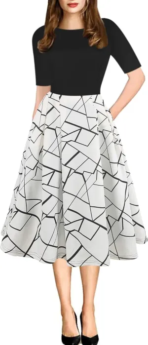 oxiuly Women's Vintage Patchwork Pockets Puffy Swing Casual Party Dress OX165