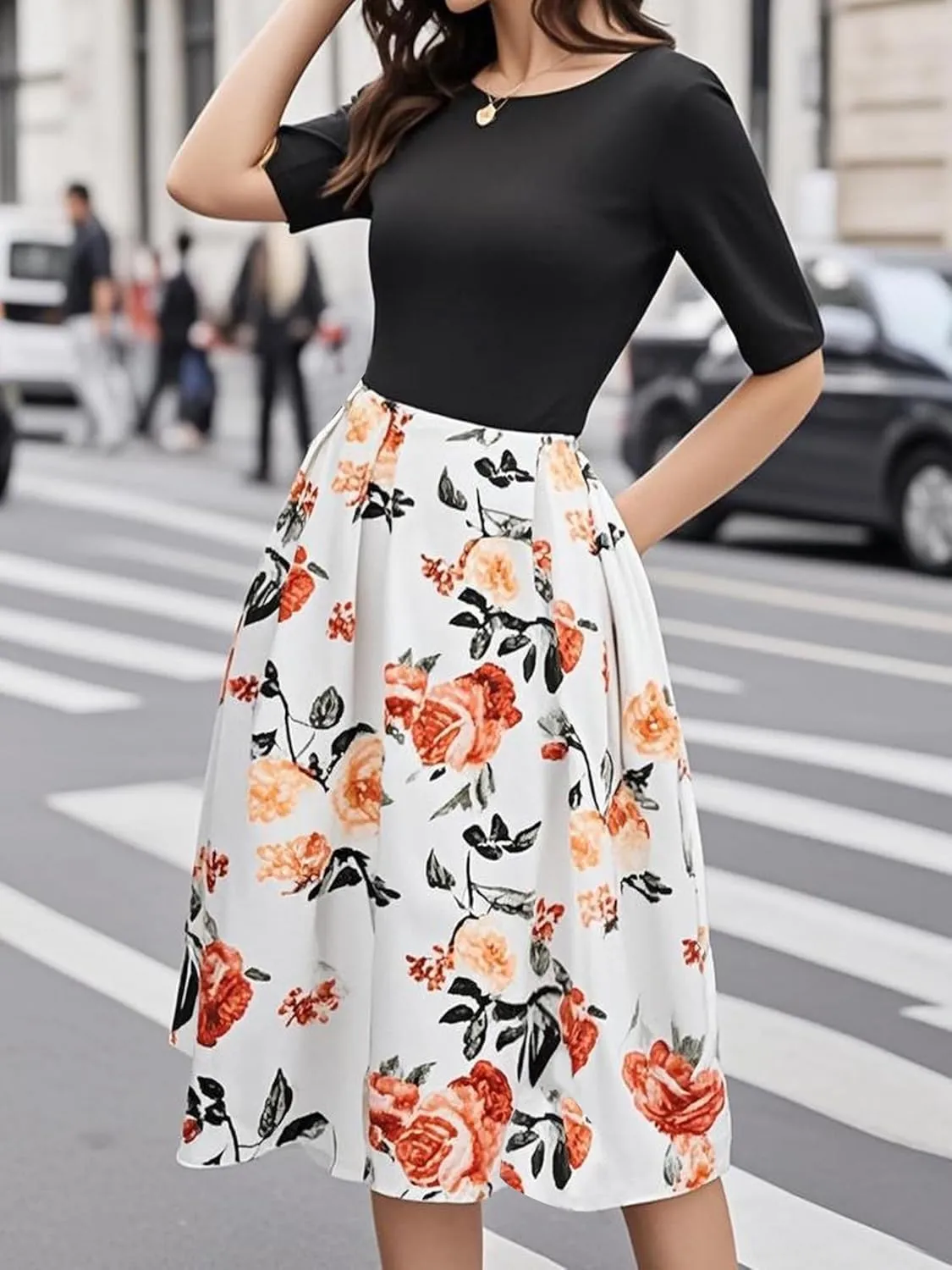 oxiuly Women's Vintage Patchwork Pockets Puffy Swing Casual Party Dress OX165