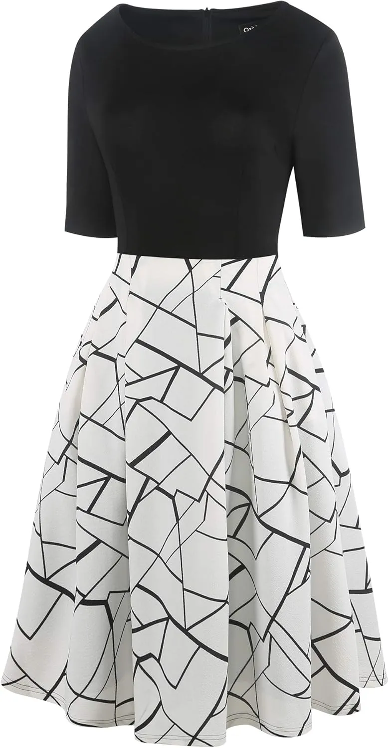 oxiuly Women's Vintage Patchwork Pockets Puffy Swing Casual Party Dress OX165