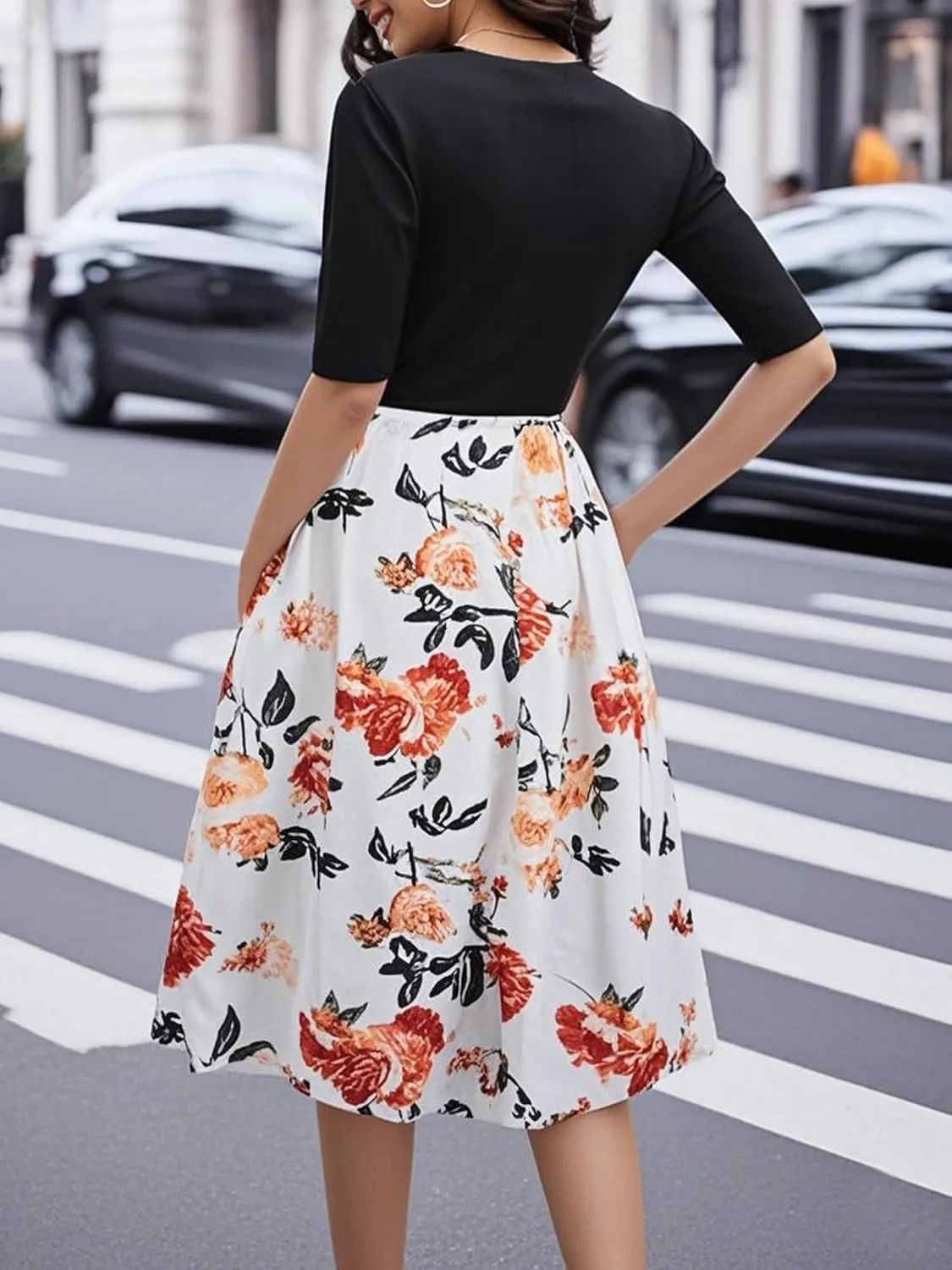 oxiuly Women's Vintage Patchwork Pockets Puffy Swing Casual Party Dress OX165