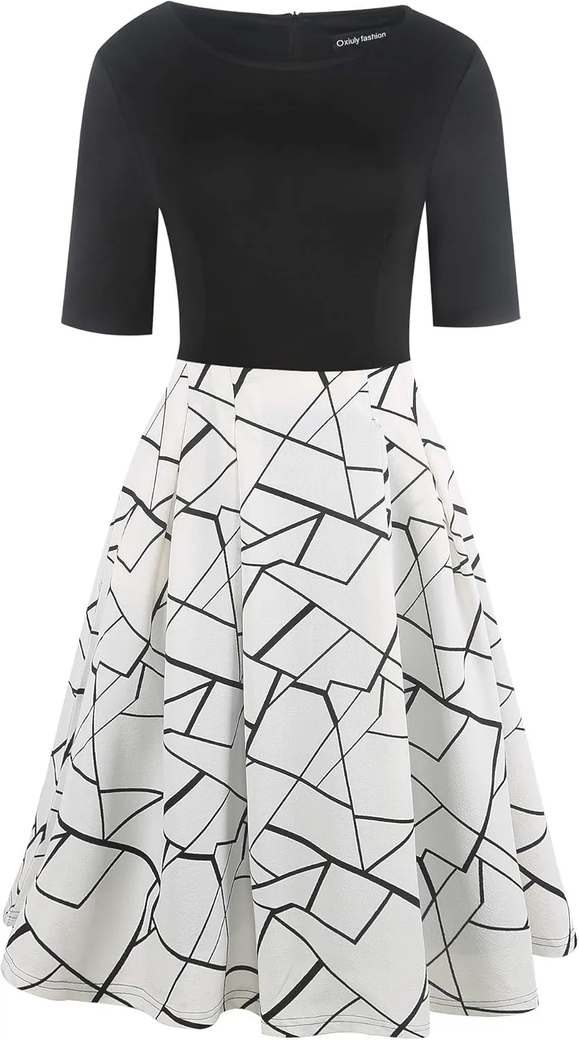 oxiuly Women's Vintage Patchwork Pockets Puffy Swing Casual Party Dress OX165