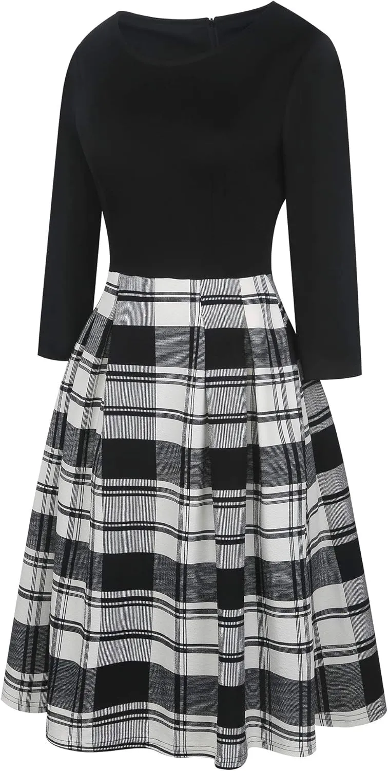 oxiuly Women's Vintage Patchwork Pockets Puffy Swing Casual Party Dress OX165