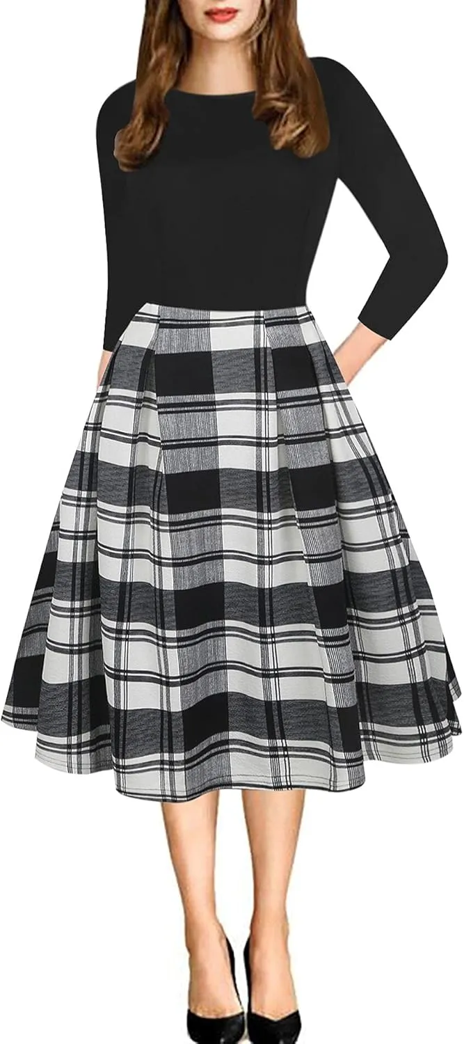 oxiuly Women's Vintage Patchwork Pockets Puffy Swing Casual Party Dress OX165