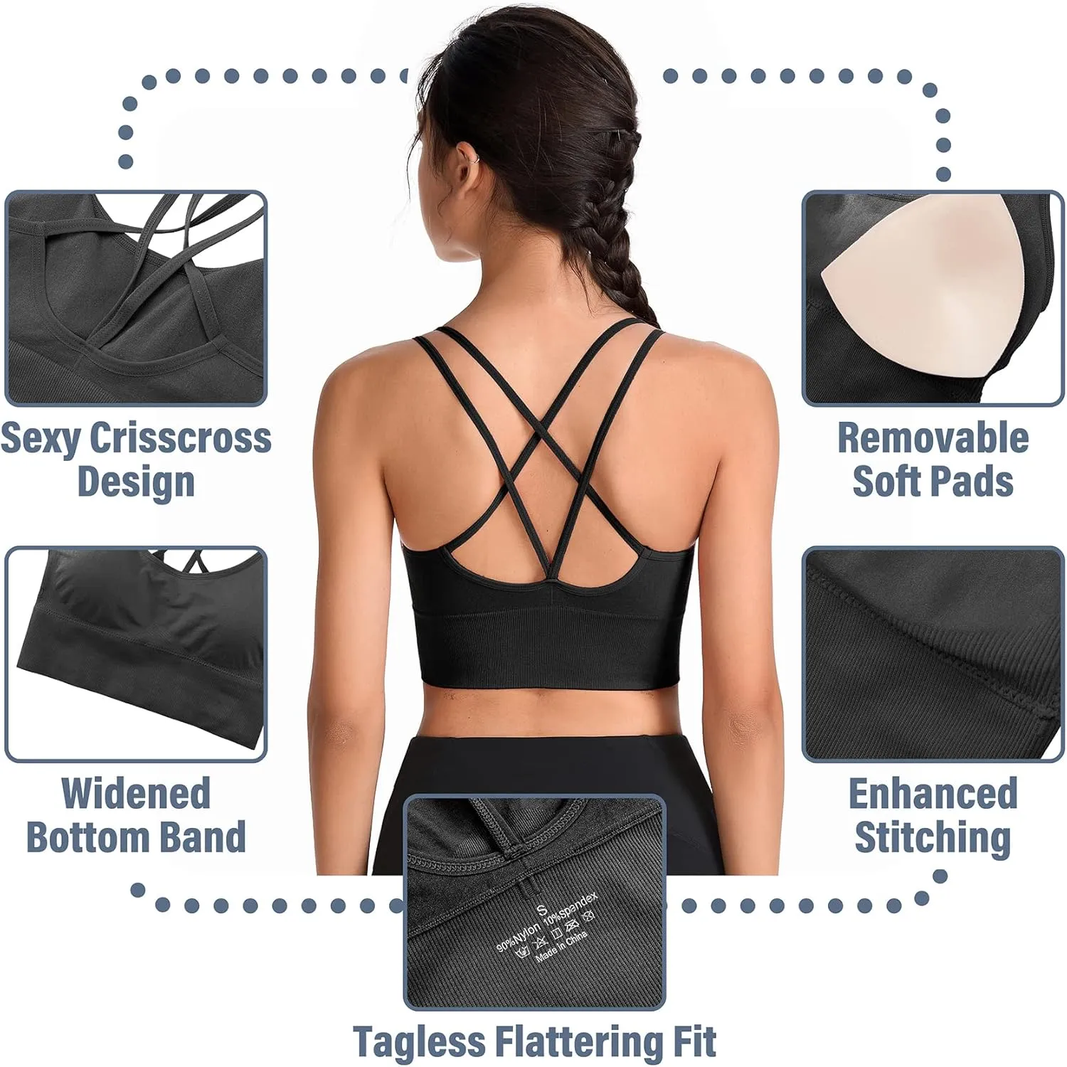 Padded Sports Bras for Women Strappy Cross Back Yoga Bras Pack for Workout Fitness Running Gym Low Impact Top
