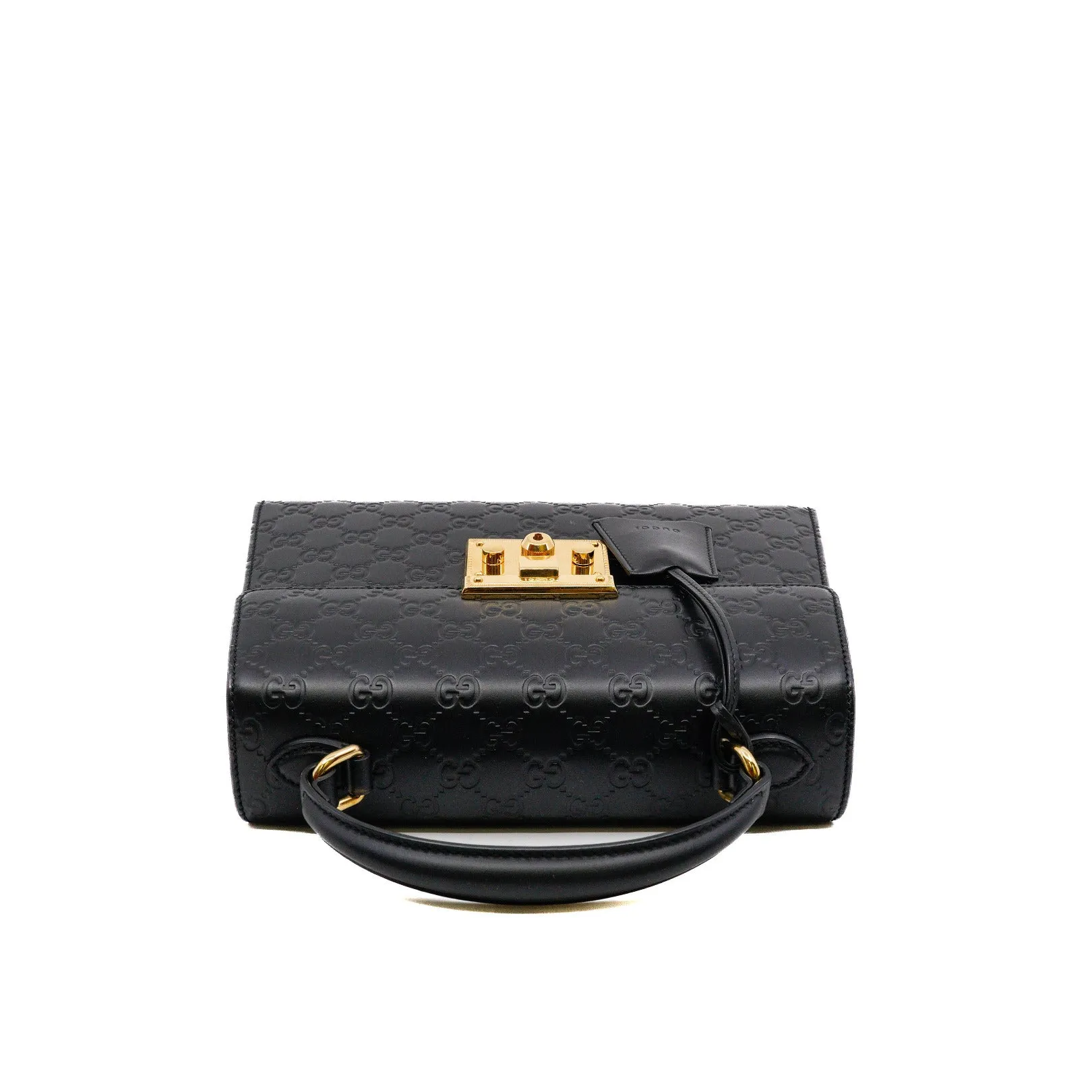 padlock top handle bag in double G leather black ghw