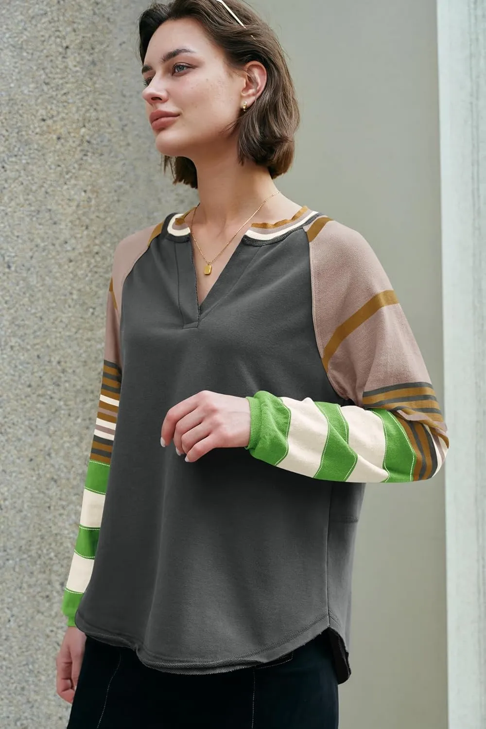 Panadila Womens Striped Long Sleeve Shirt Color Block Raglan Shirt V Neck Patchwork Pullover Tops Casual Cute Top