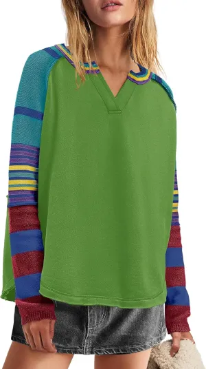 Panadila Womens Striped Long Sleeve Shirt Color Block Raglan Shirt V Neck Patchwork Pullover Tops Casual Cute Top