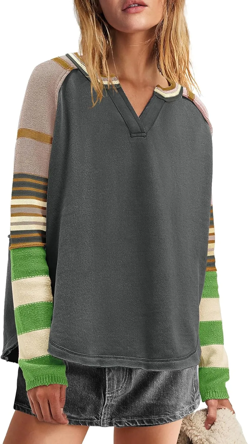 Panadila Womens Striped Long Sleeve Shirt Color Block Raglan Shirt V Neck Patchwork Pullover Tops Casual Cute Top