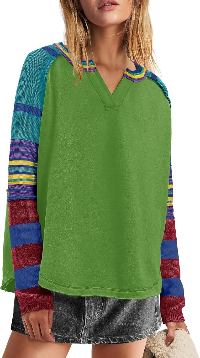 Panadila Womens Striped Long Sleeve Shirt Color Block Raglan Shirt V Neck Patchwork Pullover Tops Casual Cute Top
