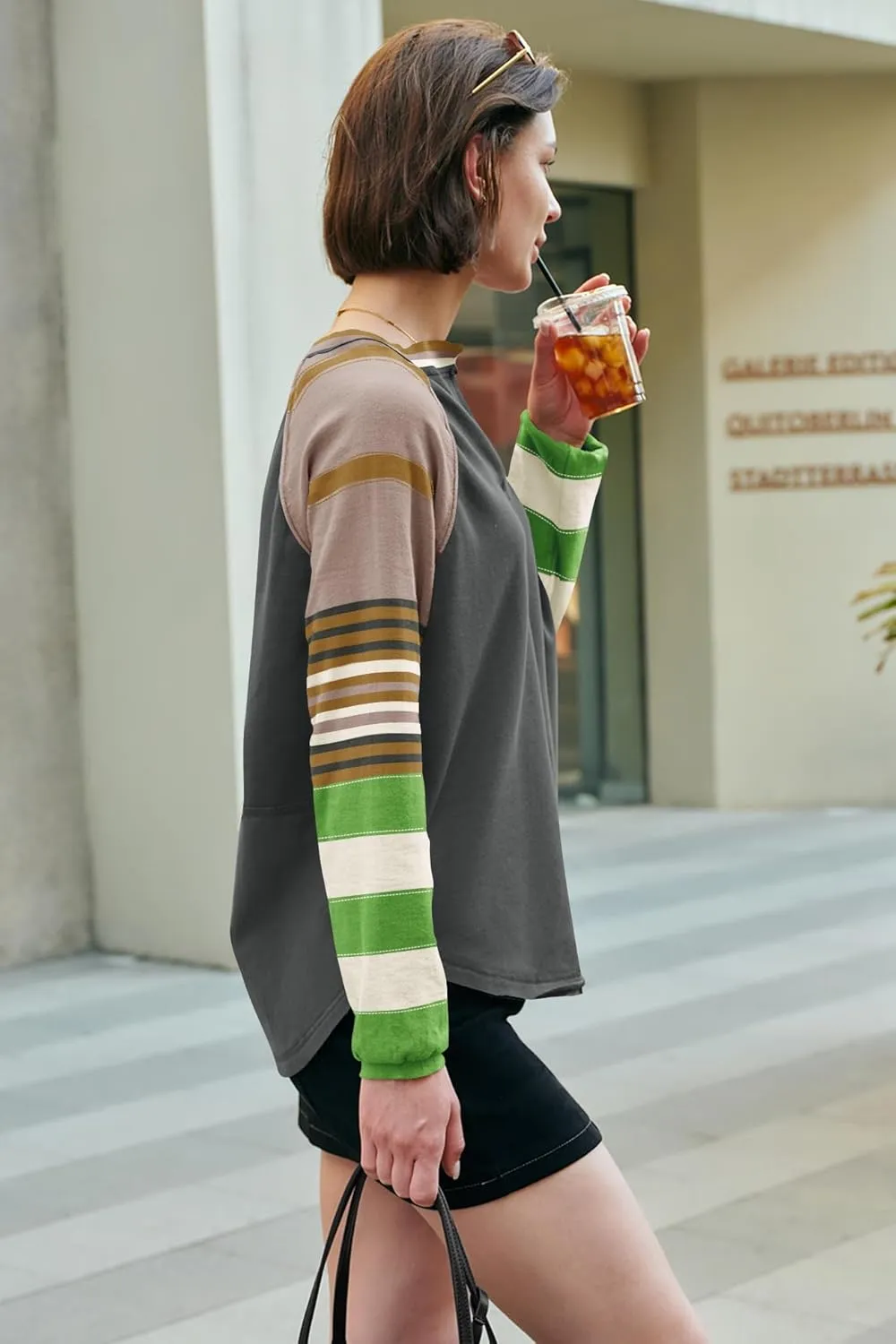 Panadila Womens Striped Long Sleeve Shirt Color Block Raglan Shirt V Neck Patchwork Pullover Tops Casual Cute Top