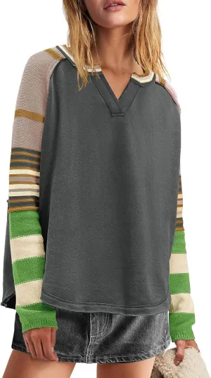 Panadila Womens Striped Long Sleeve Shirt Color Block Raglan Shirt V Neck Patchwork Pullover Tops Casual Cute Top