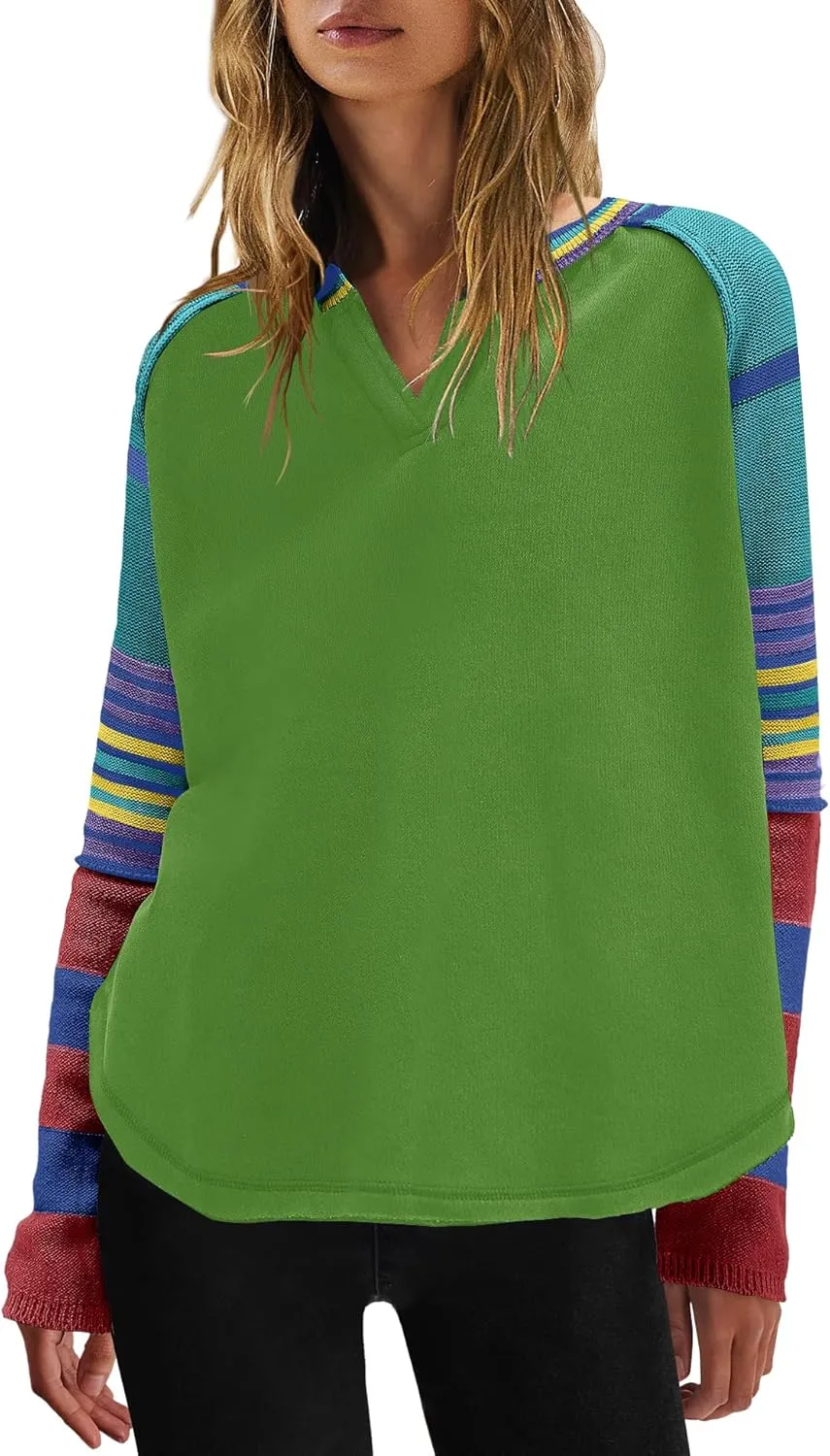 Panadila Womens Striped Long Sleeve Shirt Color Block Raglan Shirt V Neck Patchwork Pullover Tops Casual Cute Top
