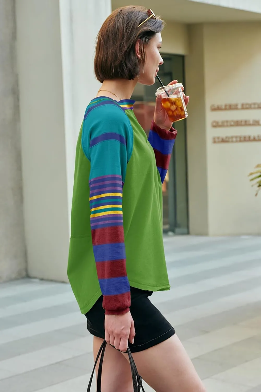 Panadila Womens Striped Long Sleeve Shirt Color Block Raglan Shirt V Neck Patchwork Pullover Tops Casual Cute Top