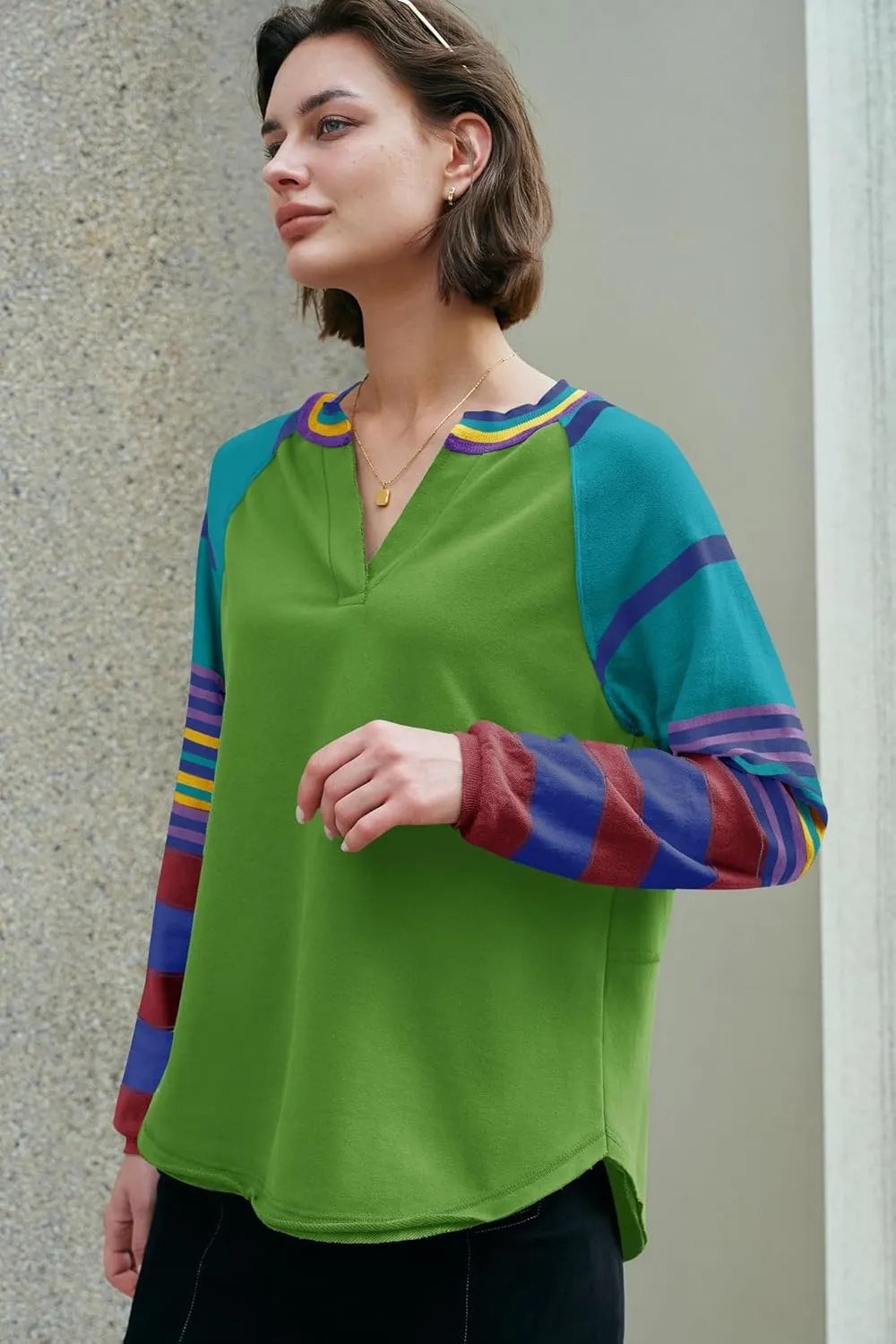 Panadila Womens Striped Long Sleeve Shirt Color Block Raglan Shirt V Neck Patchwork Pullover Tops Casual Cute Top