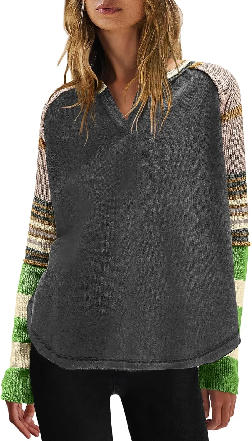 Panadila Womens Striped Long Sleeve Shirt Color Block Raglan Shirt V Neck Patchwork Pullover Tops Casual Cute Top