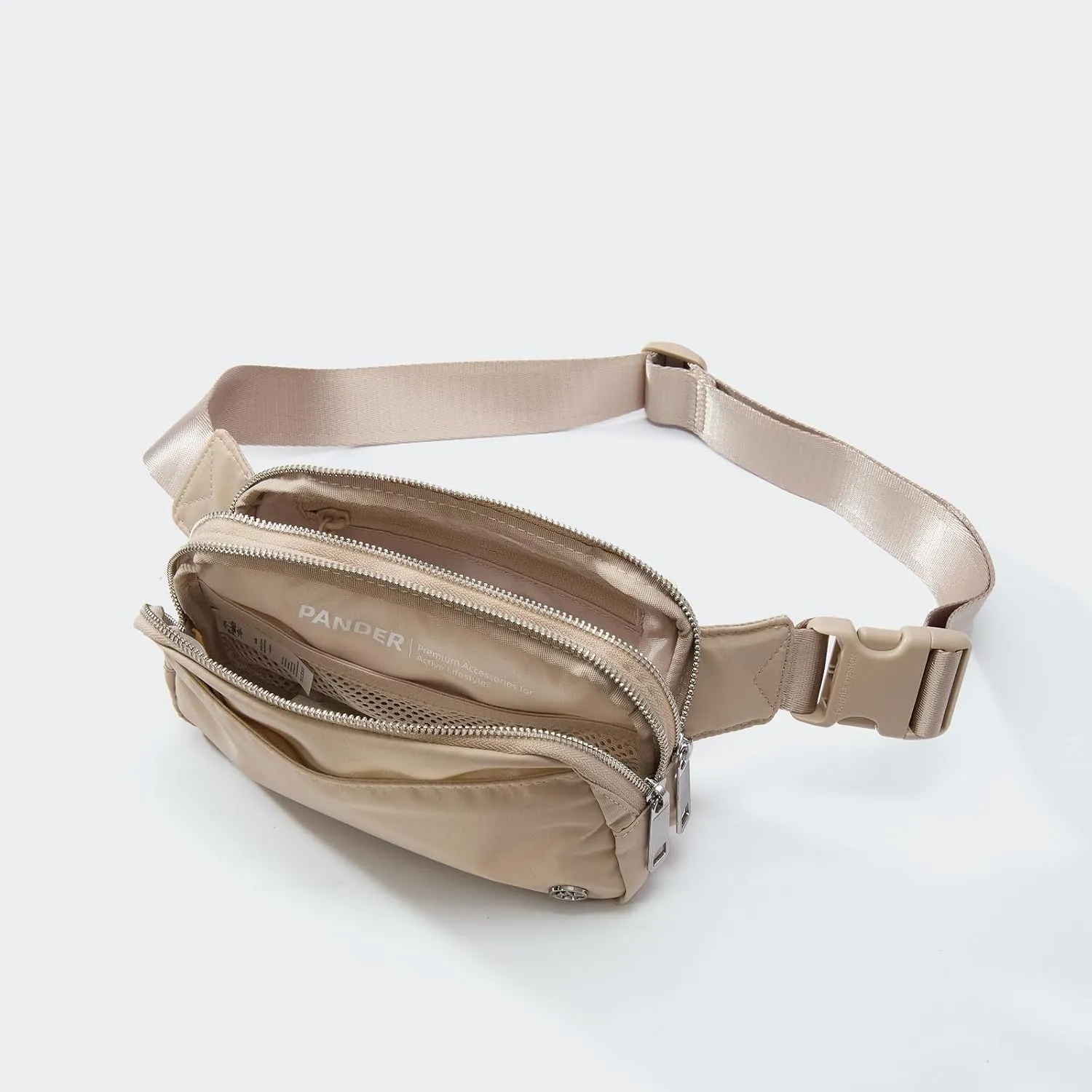Pander Everywhere Belt Bag for Women, 5 Zipper Pockets Nylon Crossbody Fanny Pack Purse (Raw Linen).